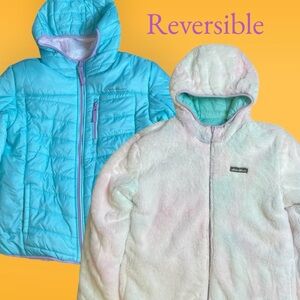 NWOT Eddie Bauer Girl's Faux Fur Reversible Jacket Coat Aqua Rainbow Large 14/16